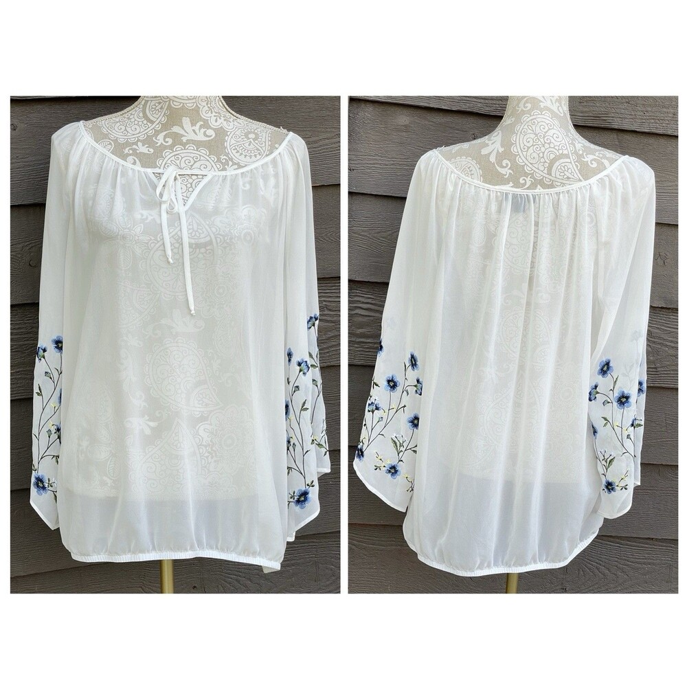Alyx Sz XL White Sheer Blouse Blue Floral Embroidered Bell Sleeve Boho Fairy